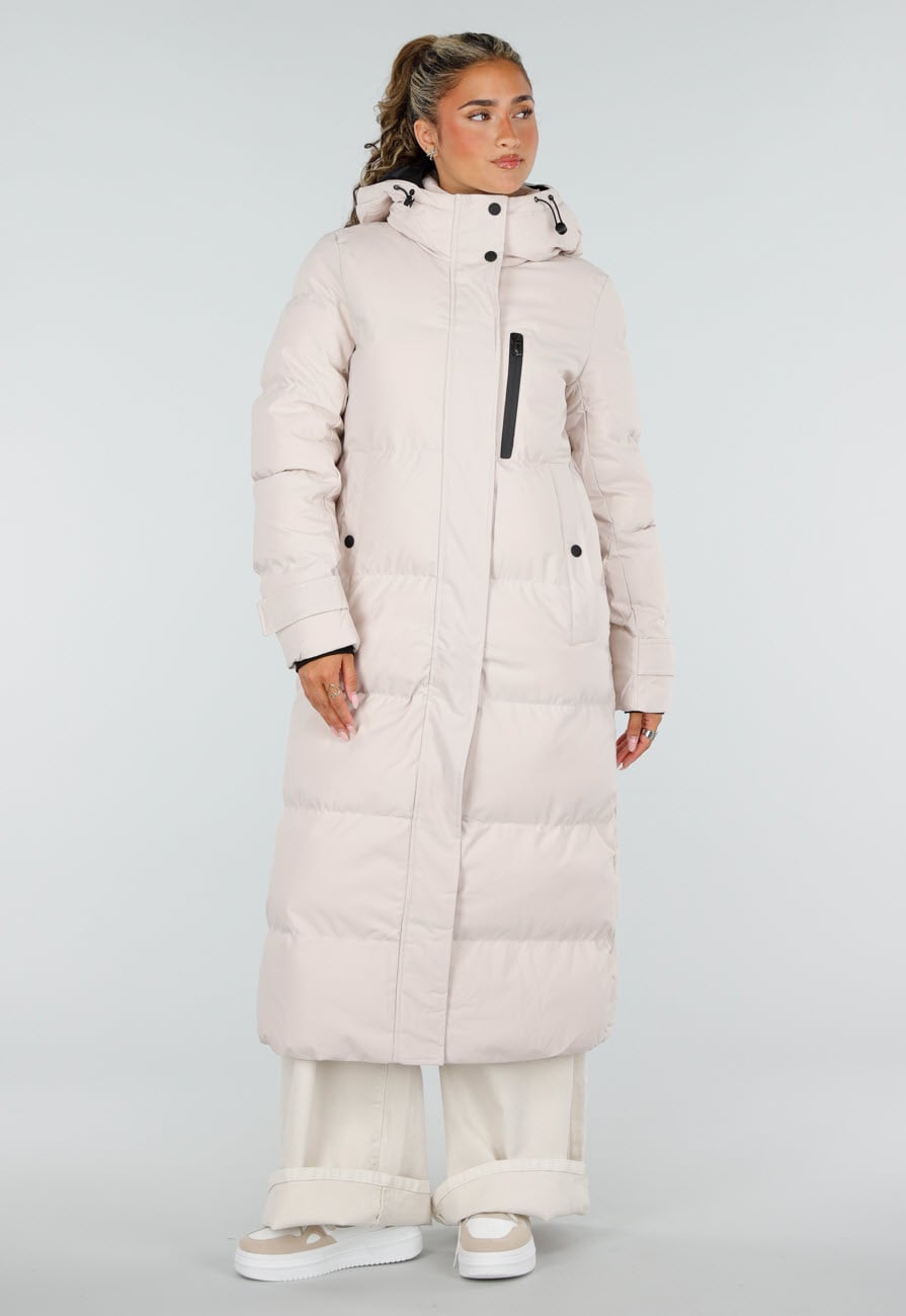 Beige Lange Gewatteerde Winterjas met Capuchon en Zakken