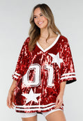 Rode Oversized Pailletten Jersey Top met V Hals