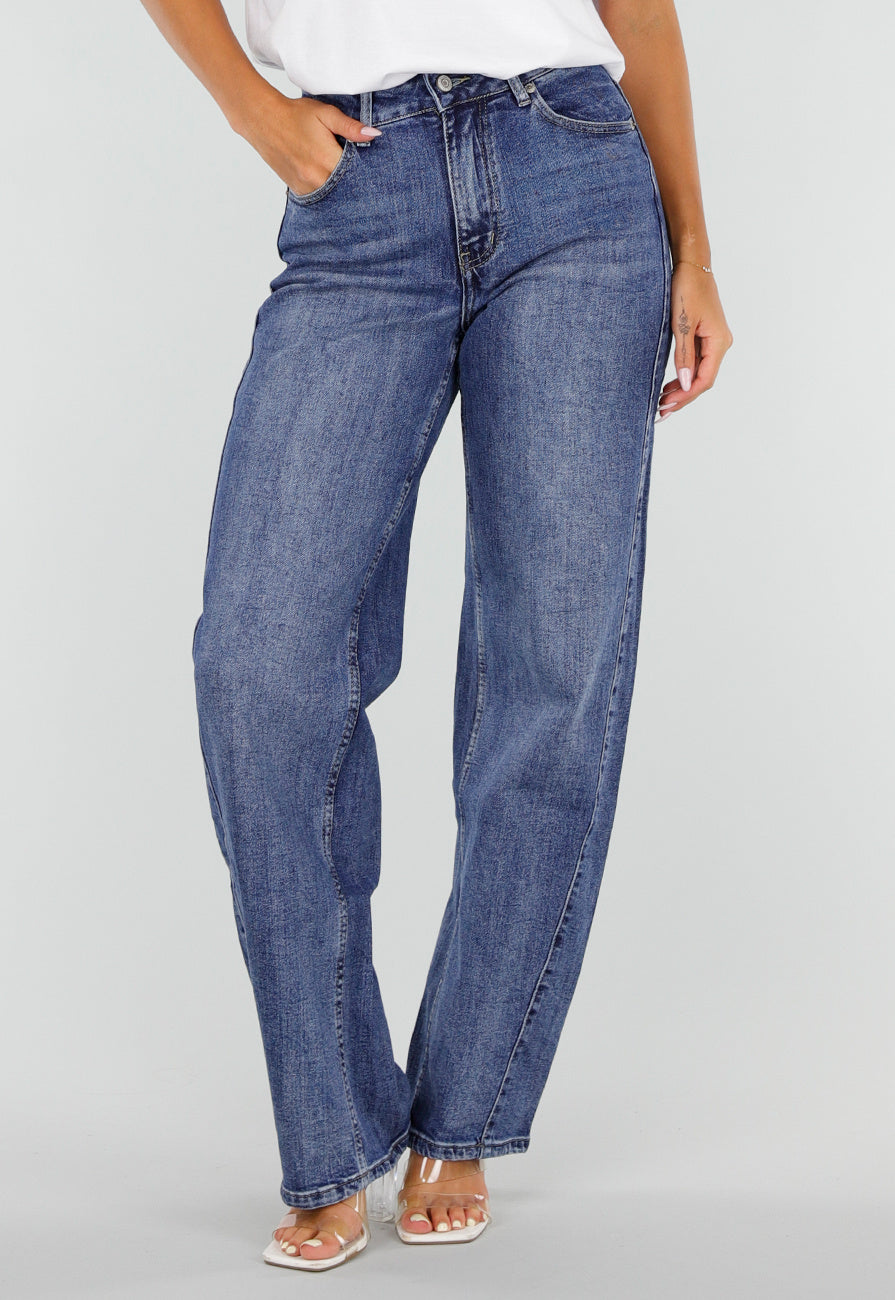 Blauwe Denim Straight Leg Jeans met Hoge Taille en Rechte Pijpen