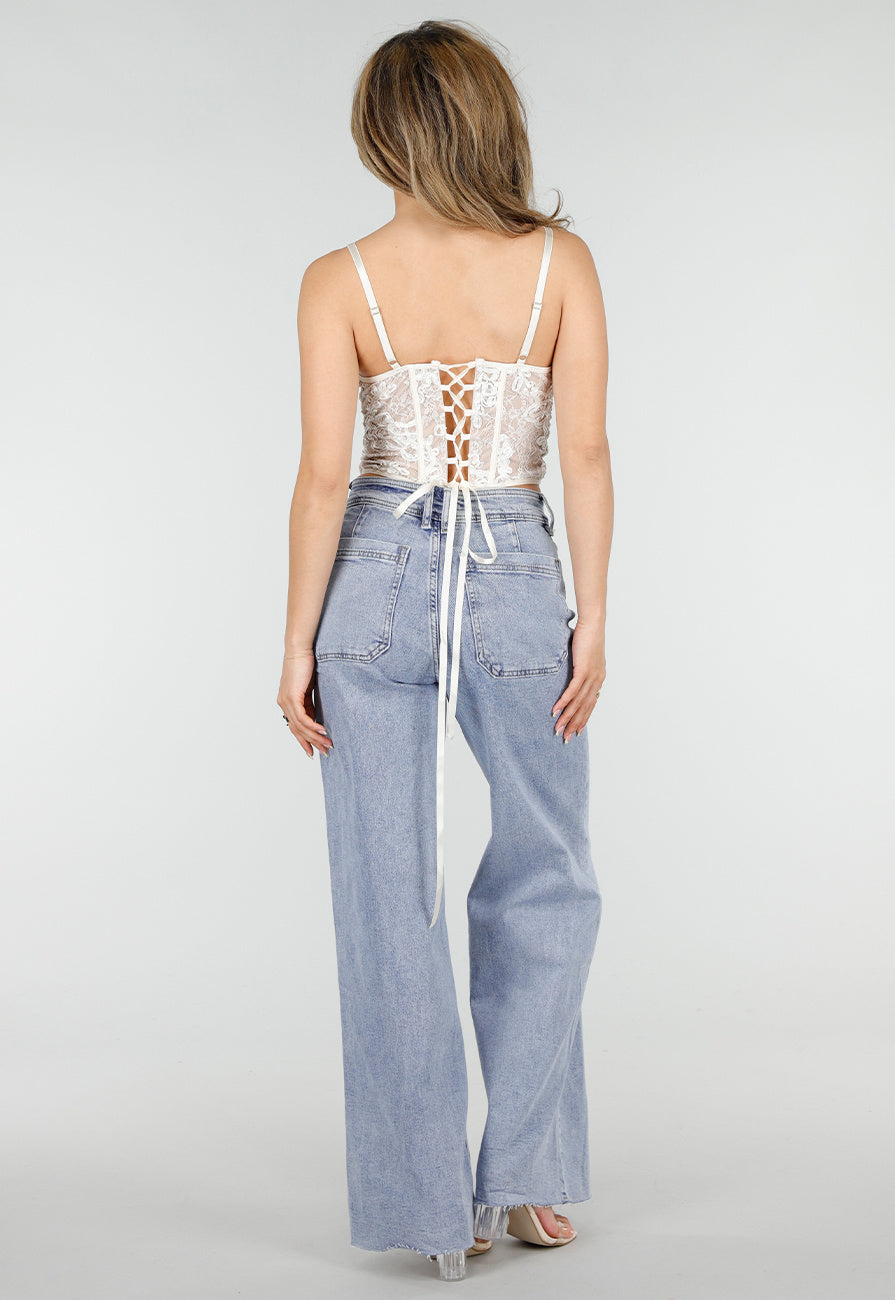 Lichtblauwe Denim Wide Leg Jeans met Rechte Pijpen en Stretch