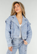 Lichtblauw Denim Jasje met Veterdetails en Ruffle Schouders