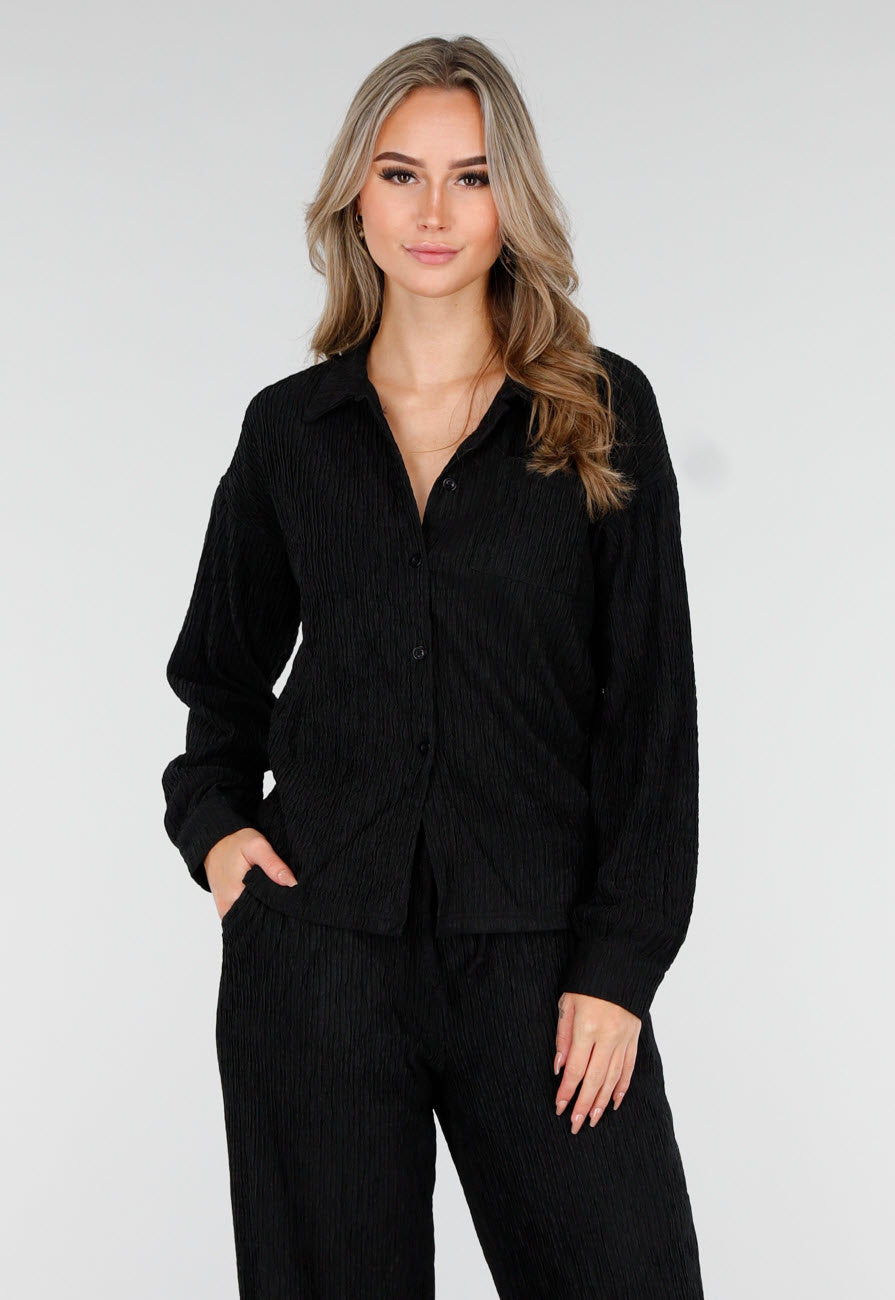 Zwarte Stretch Two Piece Set met Losvallende Blouse en Rechte Broek