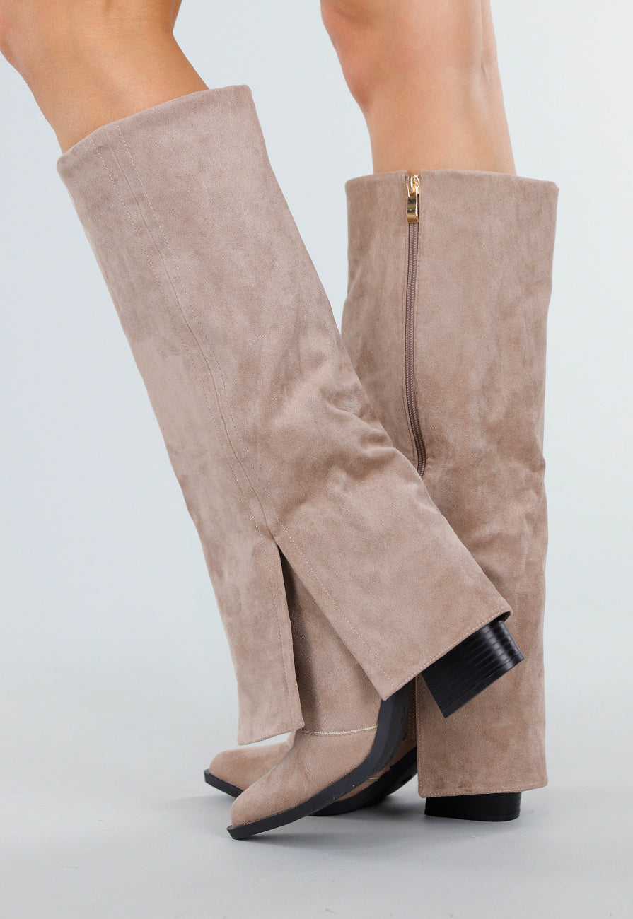 Beige Suède-look Hoge Laarzen met Split en Hak