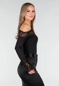 Zwarte One Shoulder Body met Lange Mouw en Kantdetails