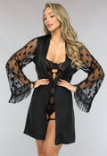Zwarte Glanszijde Kimono met Hartjes Mouwen en Franjes