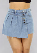 Geplooide Denim Overslag Skort in Lichtblauw met Knopen