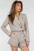 Greige Blazer en Short Set met Kanten Afwerking