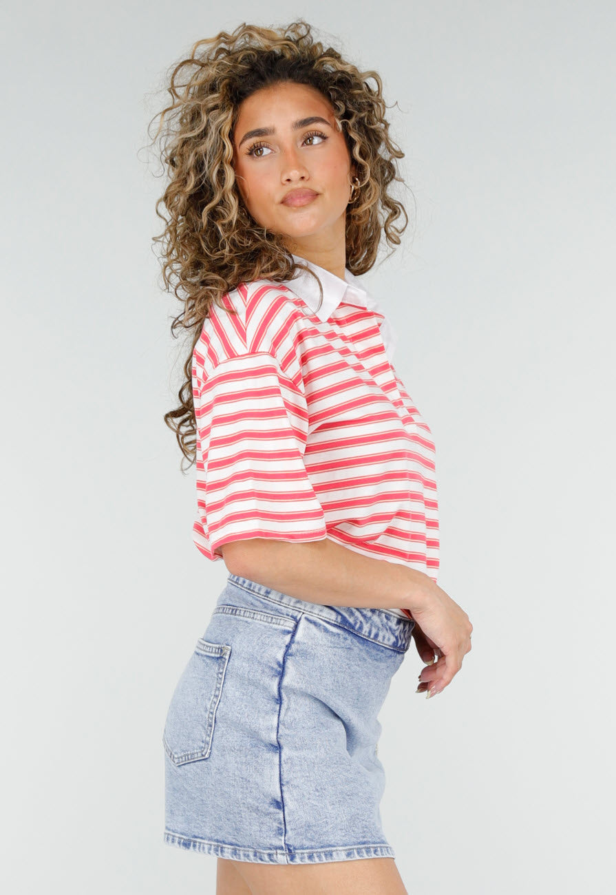 Roze Gestreepte Polo T-shirt met Kraag en Korte Mouwen