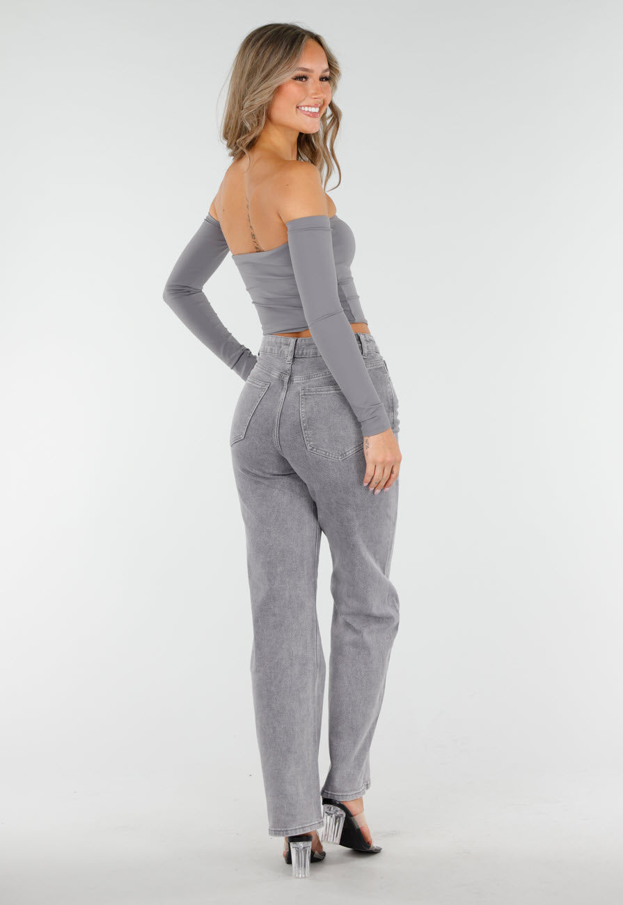 Grijze Off Shoulder Crop Top met Lange Mouwen