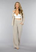 Beige Glitter Blouse met Lange Mouwen