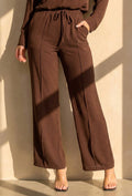 Bruine Wide Leg Broek met Elastische Taille en Strikkoord