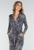 Beige-Blauwe Stretch Jumpsuit met All-Over Print en Strikceintuur
