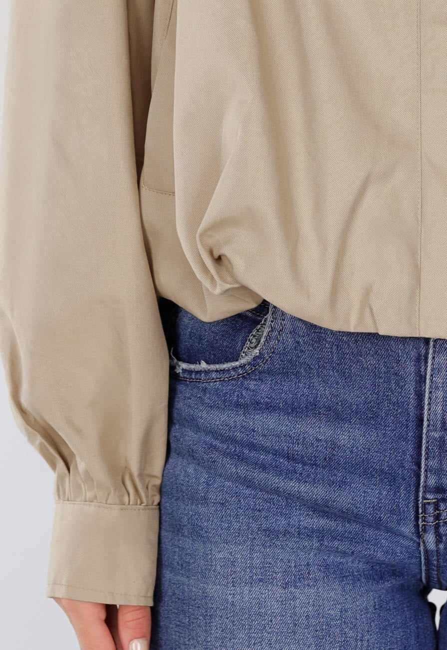 Beige Korte Jas met Hoge Kraag en Volumineuze Lange Mouwen