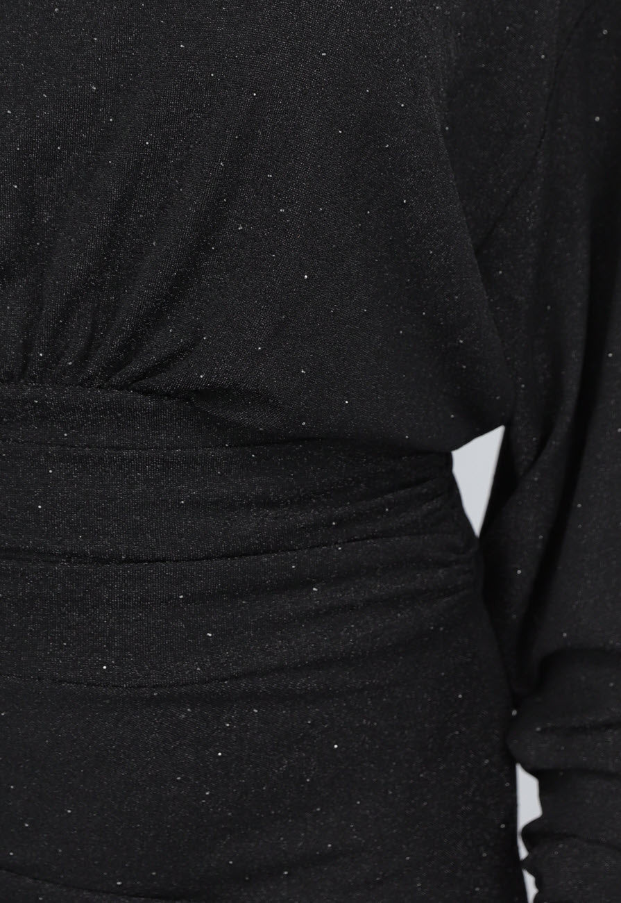 Lange Zwarte Geplooide Glitter Jurk met Strass