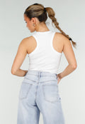 Witte Rib Tanktop met Roze Tekst en Ronde Hals