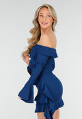 Petrolkleurige Off Shoulder Jurk met Volants en Lange Mouwen