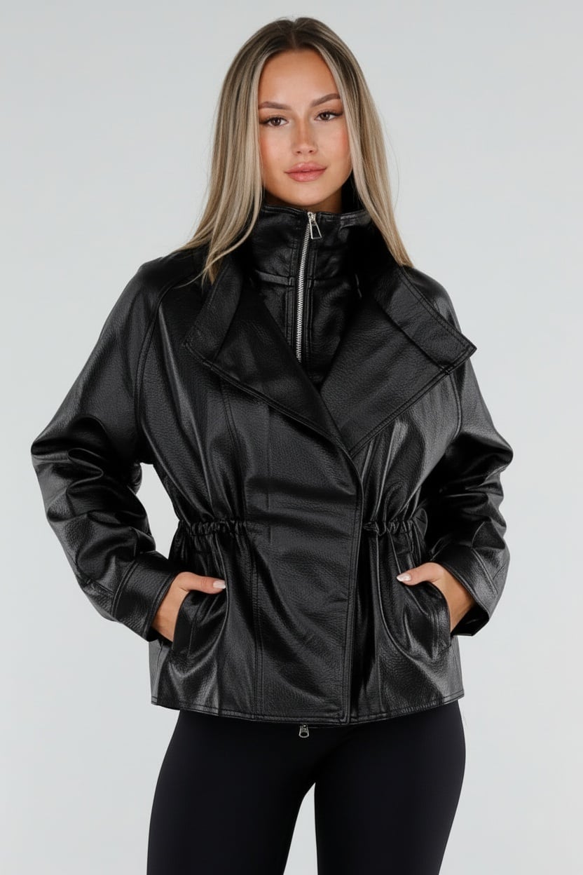 Zwarte Lederlook Jas met Hoge Kraag en Taillekoord