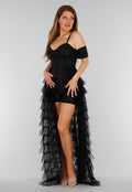 Zwarte Stretch Playsuit met Zwarte Strass Steentjes en Tule Rok