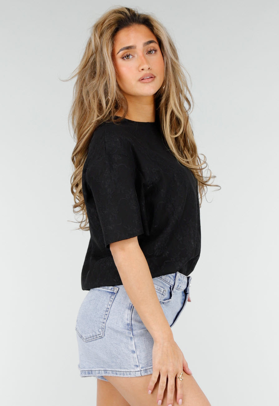Zwart Kanten T-shirt met Korte Mouwen en Ronde Hals