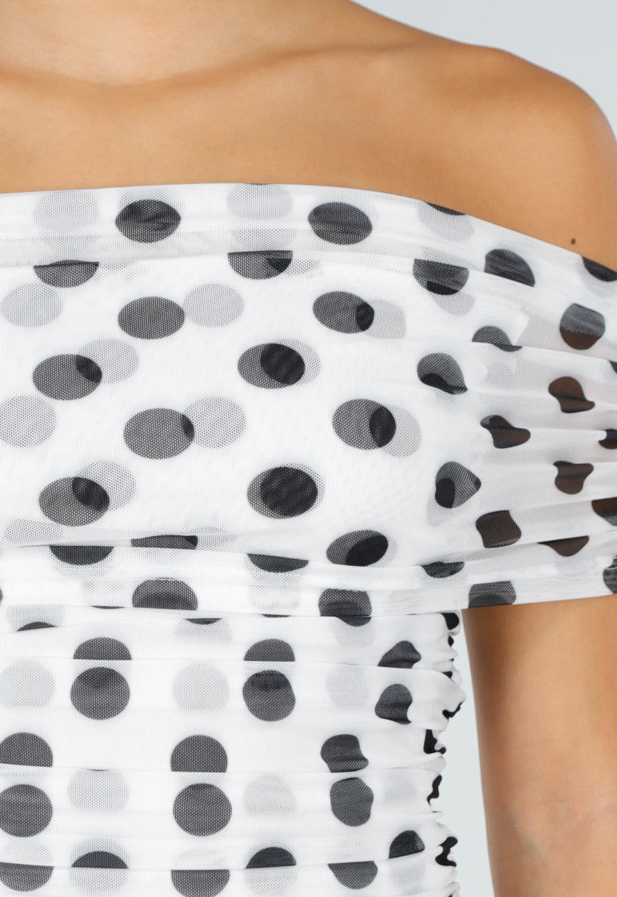 Witte Mesh Polkadot Maxi Jurk met Split