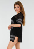 Zwarte Mesh T-Shirtjurk met Zilveren Glitters en Nummerprint