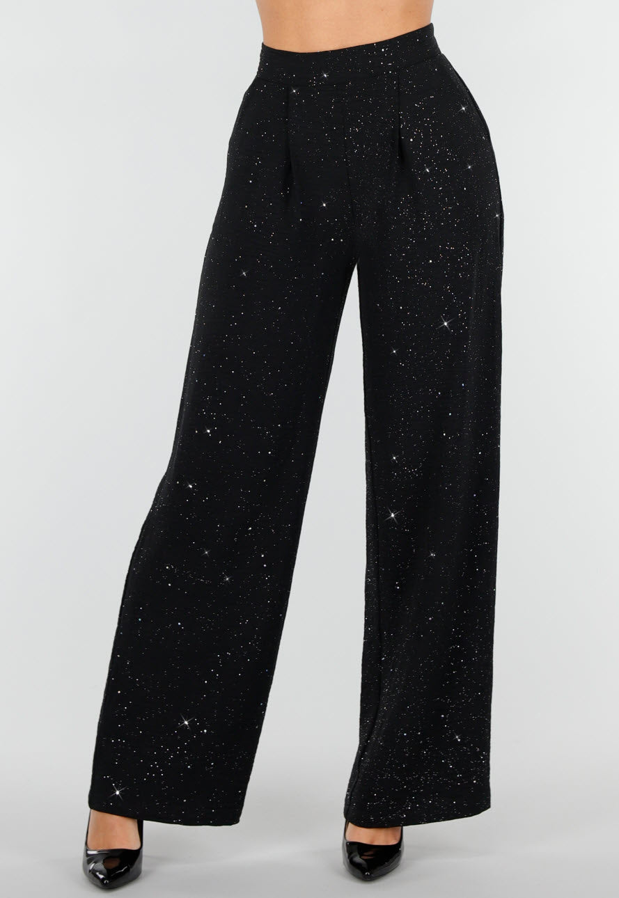 Zwarte Linnenlook Glitter Pantalon  met Stretchband