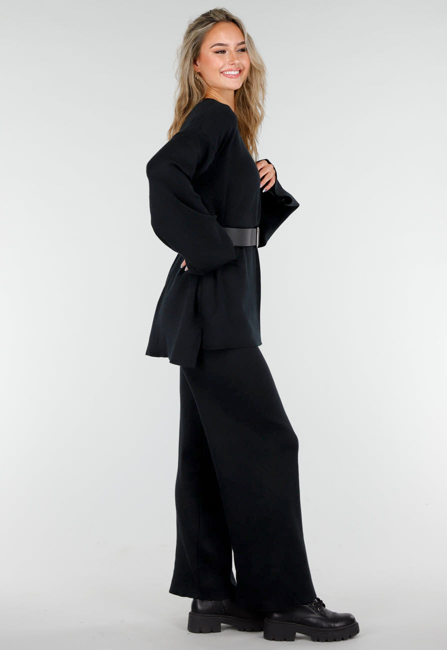 Zwarte Two Piece Set met Wijde Mouwen en Stretch