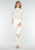 Kanten Beige Top met Lange Mouwen en Col