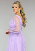 Paarse Glitter Maxi Jurk met Mesh Mouwen