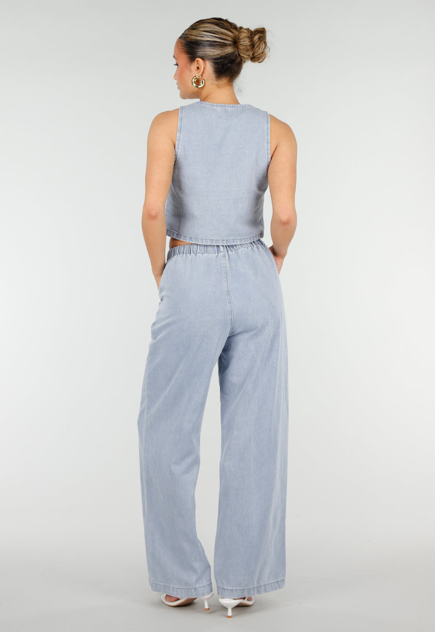 Lichtblauwe Denim Set met Gilet Top en Wijde Broek