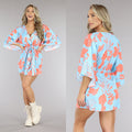 Lichtblauwe Satin Jurk met Bloemen Print