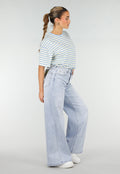 Geel Blauw Gestreept T-shirt met Korte Mouwen en Ronde Hals