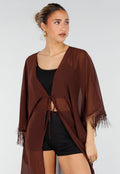 Bruine Kimono met Halflange Mouwen en Franjes