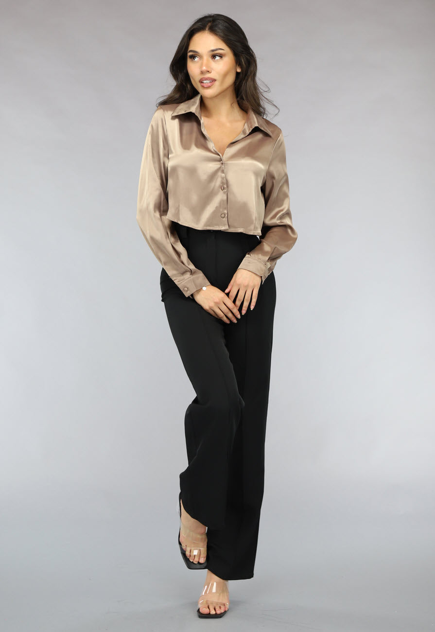 Khaki Cropped Blouse met Knoopsluiting