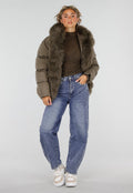 Khaki Korte Puffer Winterjas met Afneembare Bontkraag