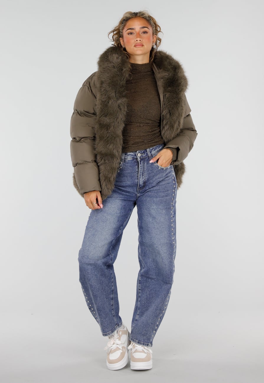 Khaki Korte Puffer Winterjas met Afneembare Bontkraag