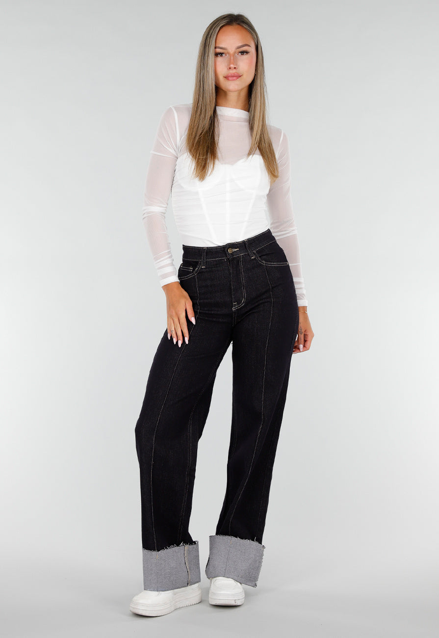 Donkerblauwe Denim Stretch Jeans met Straight Leg en Brede Omslag