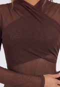 Bruine Mesh Body met Lange Mouwen en Gedrapeerde Hoge Hals