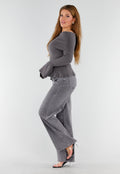 Grijze Off Shoulder Gebreide Trui met Uitlopende Mouwen