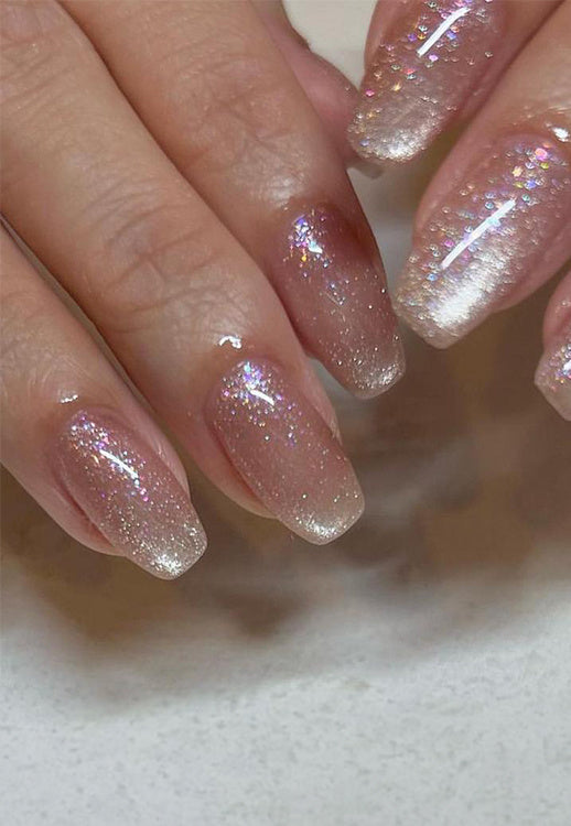 Vierkante Lichtroze Ombre Glanzende Kunstnagels met Glitters Holografisch