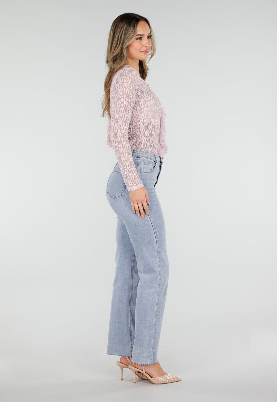 Lichtroze Kanten Top met Ruches en Stretch