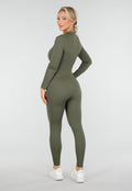 Groene Rib Jumpsuit Met Lange Mouwen en Ritssluiting