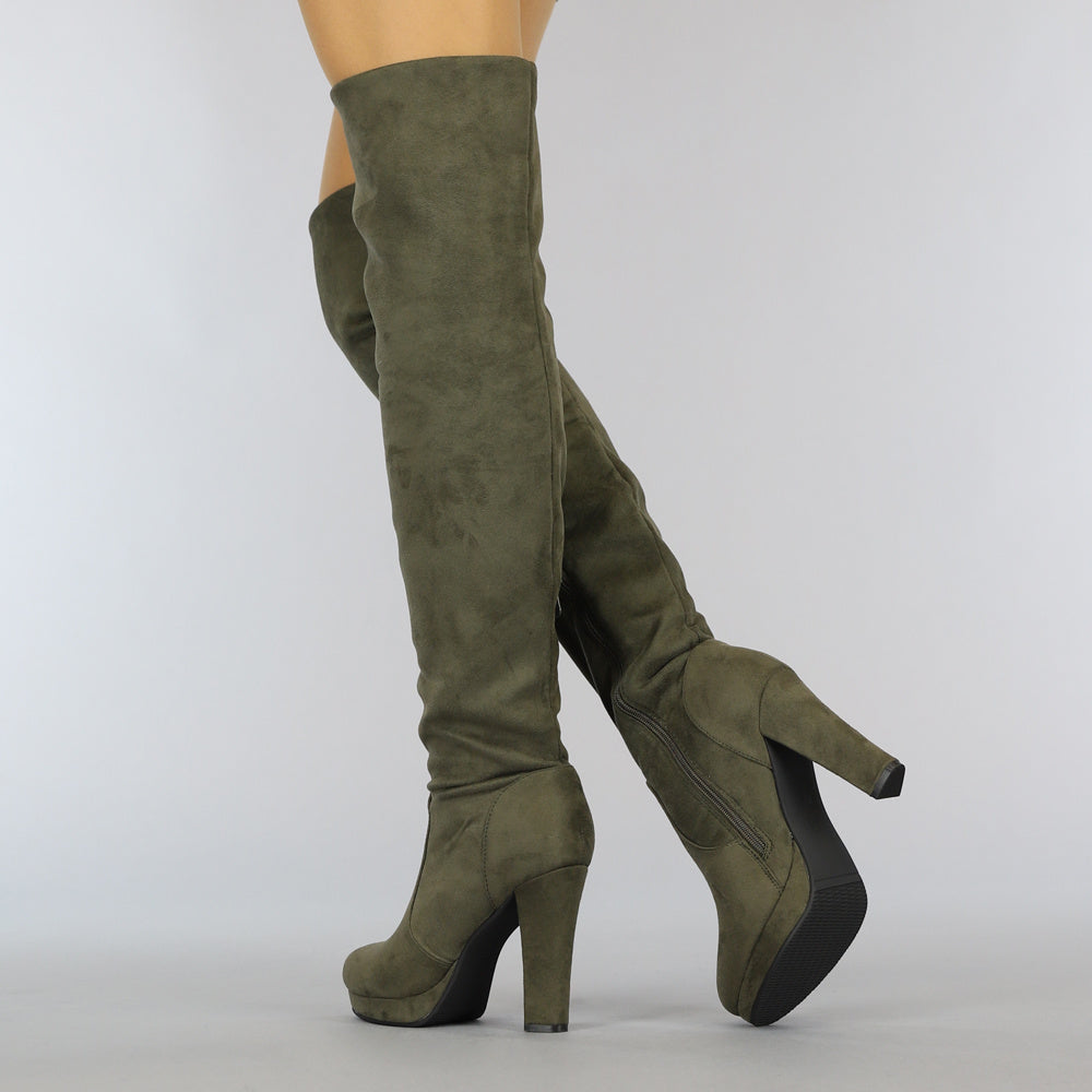 Suède-Look Overknee Laarzen met Hak Kaki