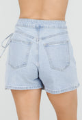 Lichtblauwe Denim Skort met Overslag, Striksluiting en Hoge Taille