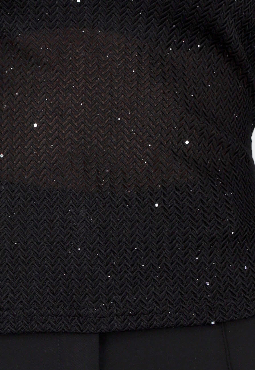 Zwarte Glitter Stretch Top met Lange Mouwen