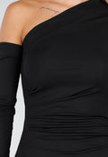 Zwarte One Shoulder Jurk met Split en Lange Mouw