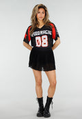 Zwart Rood Mesh Jersey T-Shirt met Print en V-hals