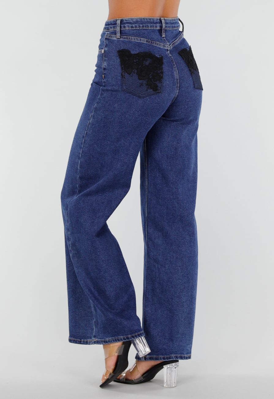Blauwe Denim Wide Leg Jeans met Zwarte Kanten Achterzakken