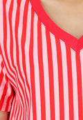 Roze Rode Gestreepte Oversized T-shirt met V-hals