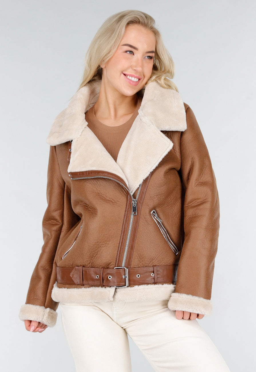 Bruine Imitatie Leren Biker Jas met Faux Fur